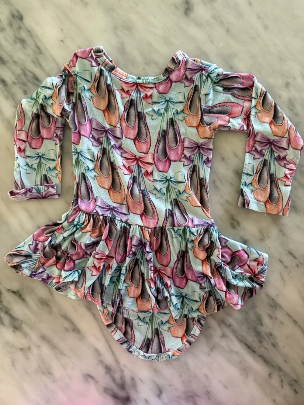 Posh Peanut Girls' Ballet Shoe Print Long-Sleeve Onesie Dress 6-12mo